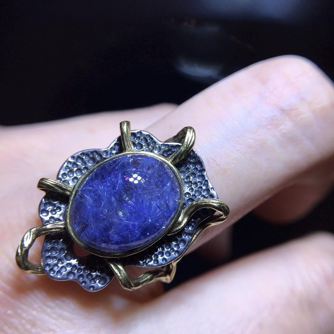 Natural Blue Dumortierite Quartz Ring, Blue Rutilated Ring, 925 Sterling Silver Ring, Adjustable Ring, Relieve Depression, Healing Crystal
