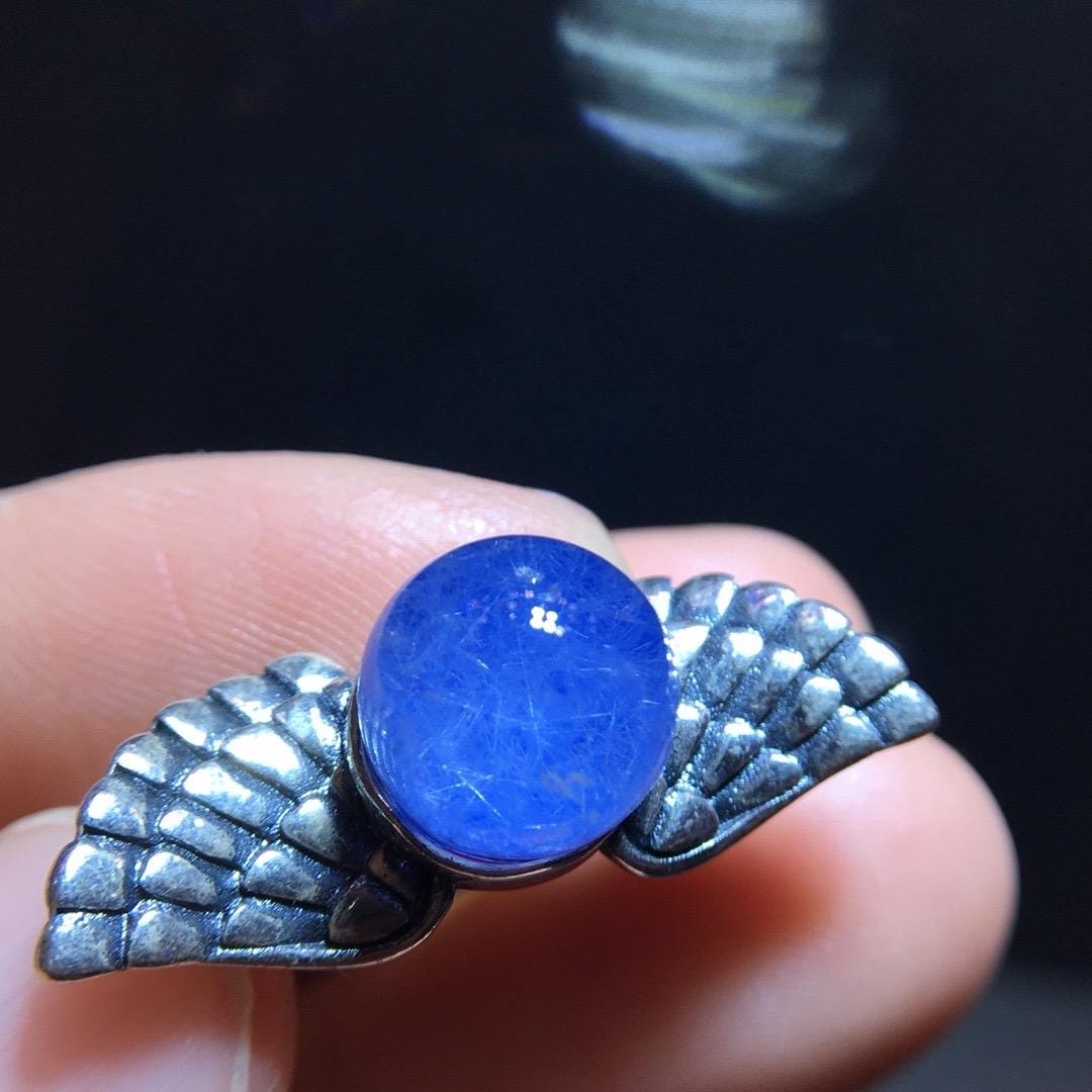 Natural Blue Dumortierite Quartz Ring, Blue Rutilated Ring, 925 Sterling Silver Wings Ring, Adjustable Ring, Healing Crystal, Birthday Gift