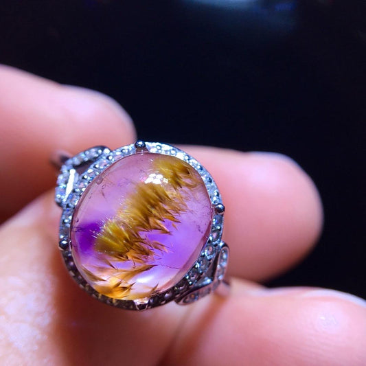 Cacoxenite Rutilated Amethyst Ring, Golden Rutilated Oval Ring, 925 Sterling Silver Setting, Adjustable Ring, Handmade Jewelry