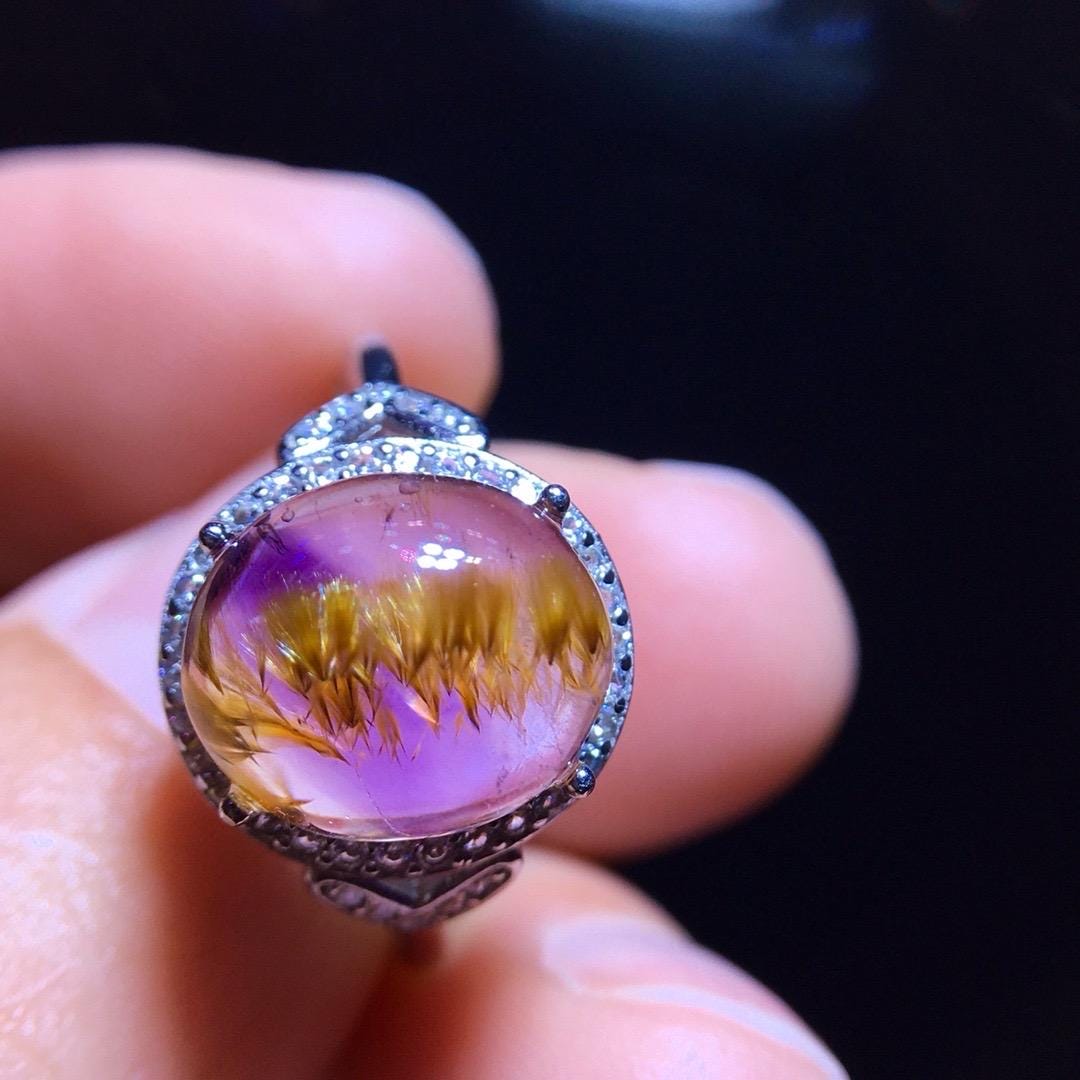 Cacoxenite Rutilated Amethyst Ring, Golden Rutilated Oval Ring, 925 Sterling Silver Setting, Adjustable Ring, Handmade Jewelry
