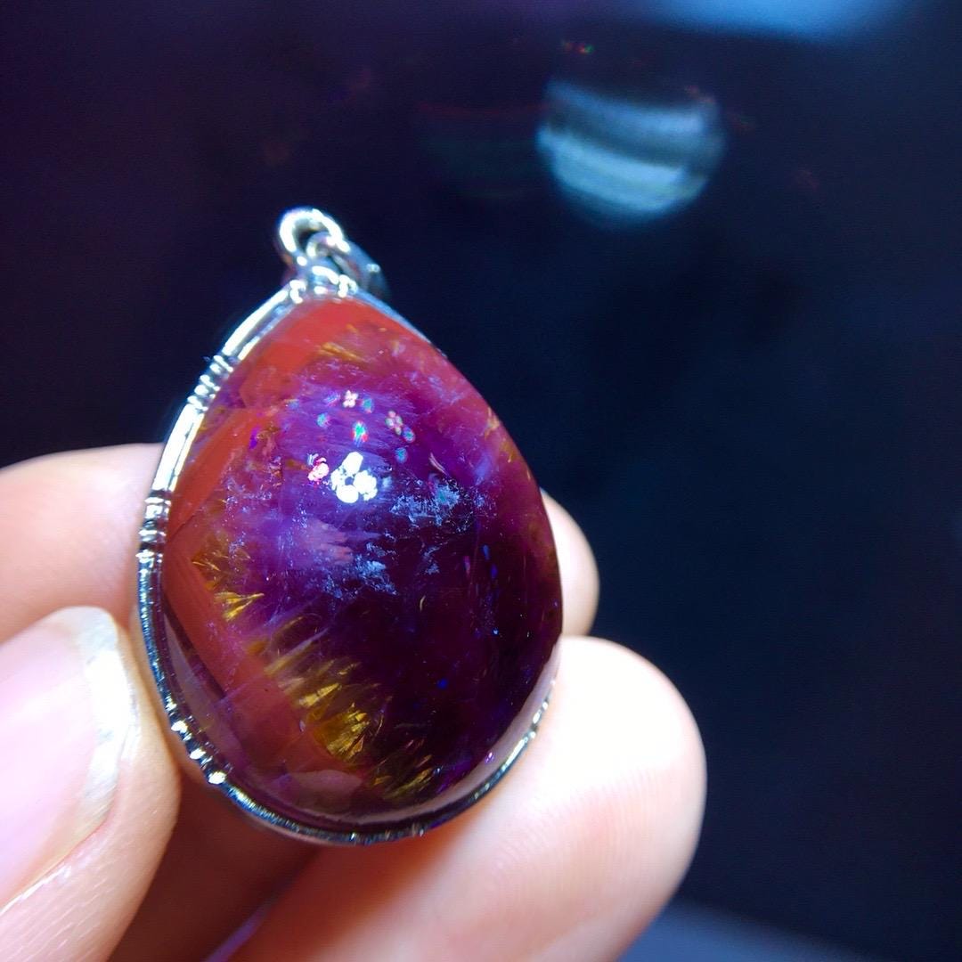 Natural Canada Auralite 23 Polished Teardrop-shaped Pendant, Healing Gemstone, Cacoxenite Crystal, 925 Sterling Silver, Birthday Gift