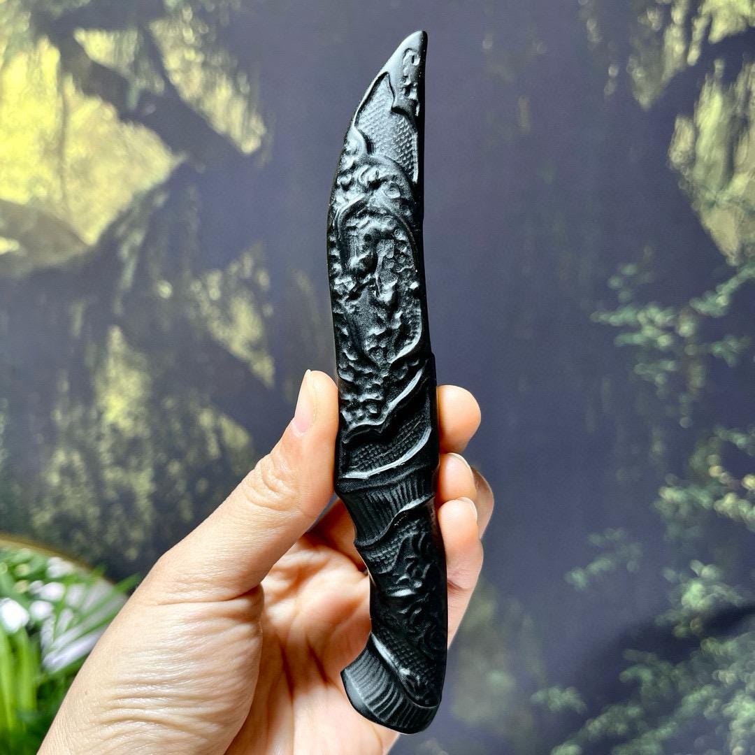 Natural Crystal Carved Knife, Obsidian Knife, Glaucophane Dagger, Crystal Gift For Man, High Quality Gemstone Birthday Gift, Home Decor