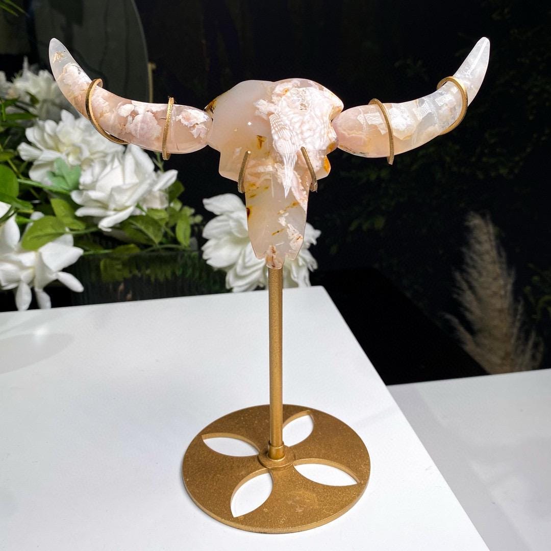 Flower Agate Buffalo Head Statue on Stand, Handcarved Crystal OX Head, Reiki Healing Decor,Gift for Mom
