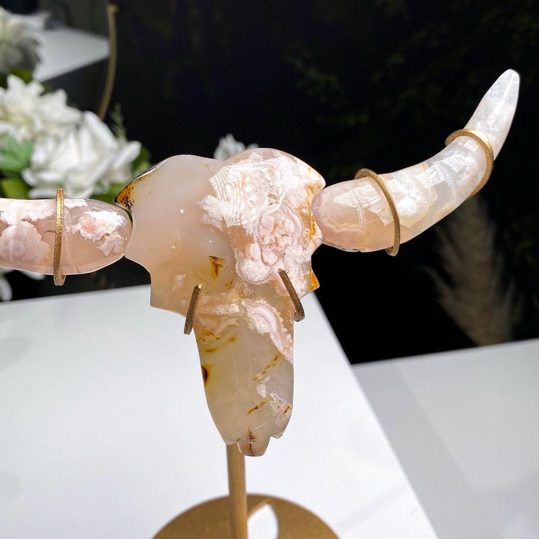 Flower Agate Buffalo Head Statue on Stand, Handcarved Crystal OX Head, Reiki Healing Decor,Gift for Mom