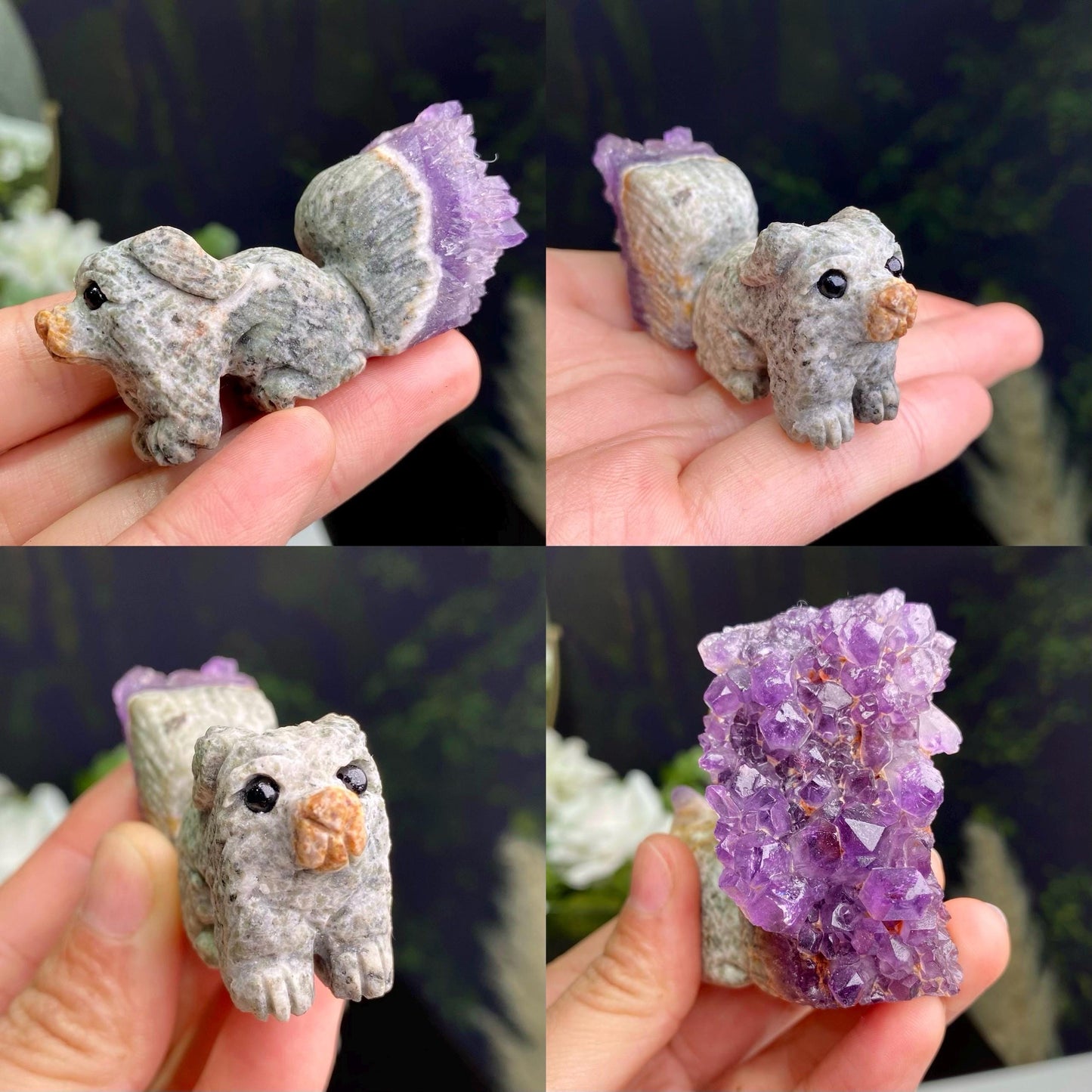 Natural Amethyst/Clear Quartz Cluster Animal Carving, Hand Carved Cute Squirrels, Crystal Squirrels Ornaments, Animal Sculpture, Home Decor