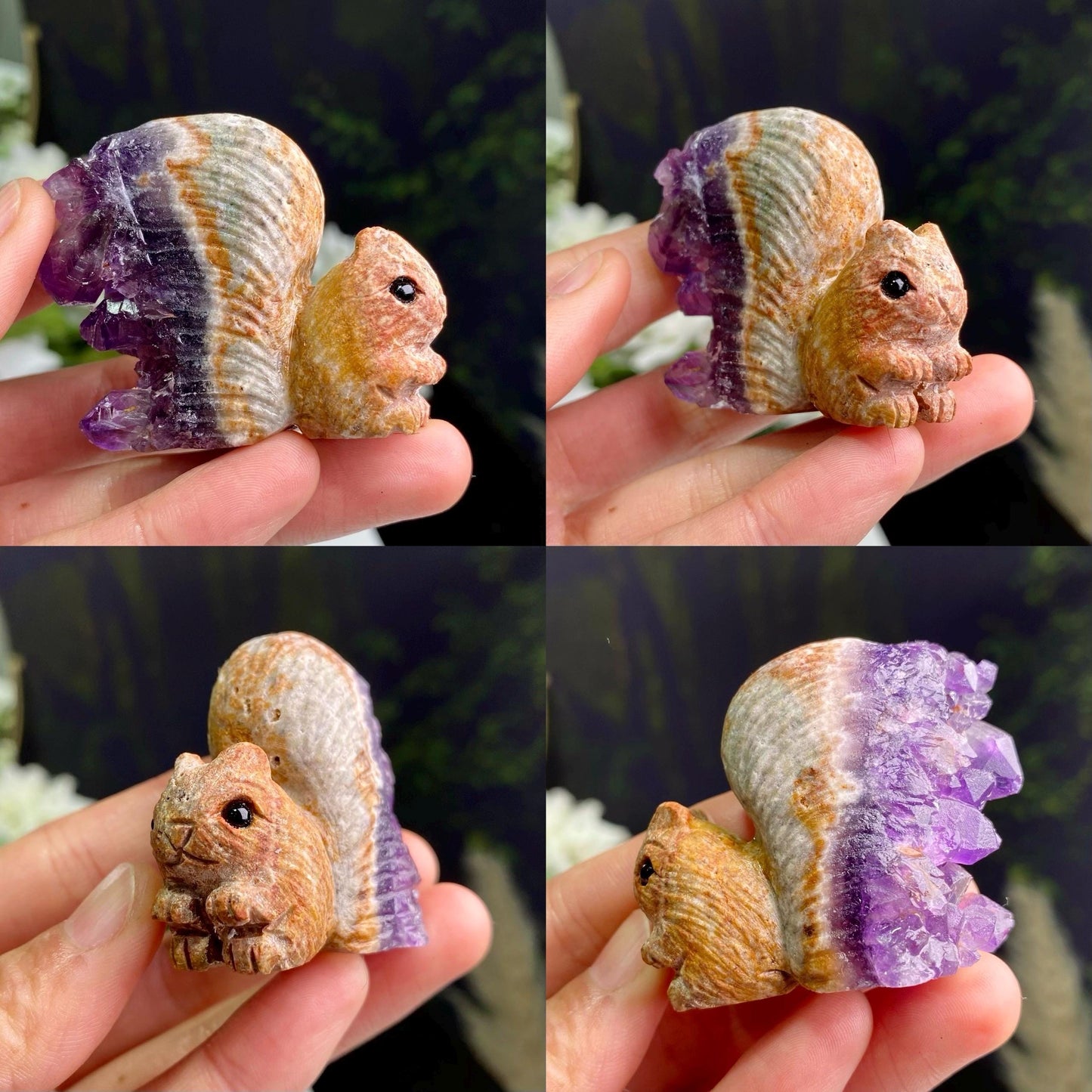 Natural Amethyst/Clear Quartz Cluster Animal Carving, Hand Carved Cute Squirrels, Crystal Squirrels Ornaments, Animal Sculpture, Home Decor
