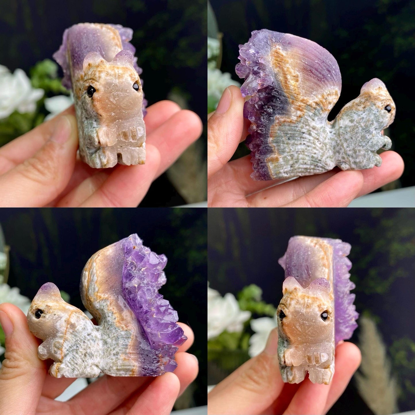 Natural Amethyst/Clear Quartz Cluster Animal Carving, Hand Carved Cute Squirrels, Crystal Squirrels Ornaments, Animal Sculpture, Home Decor