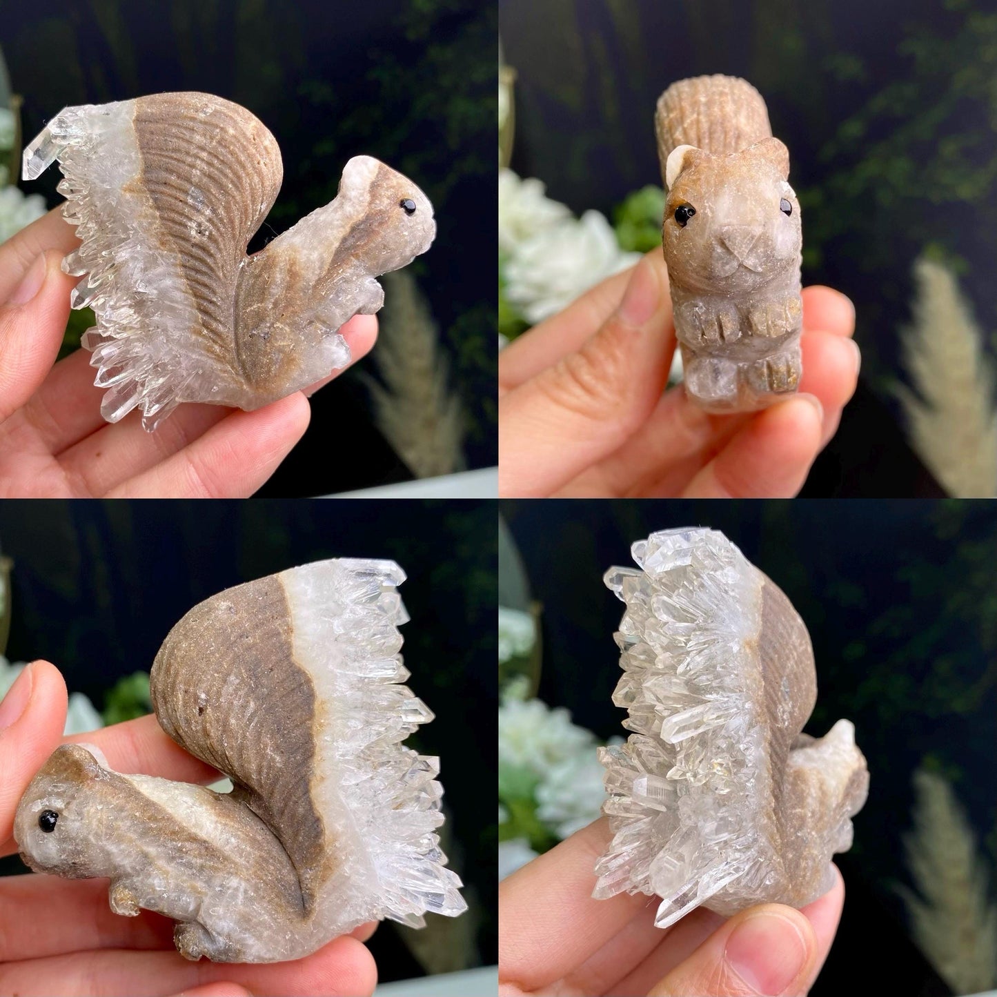 Natural Amethyst/Clear Quartz Cluster Animal Carving, Hand Carved Cute Squirrels, Crystal Squirrels Ornaments, Animal Sculpture, Home Decor