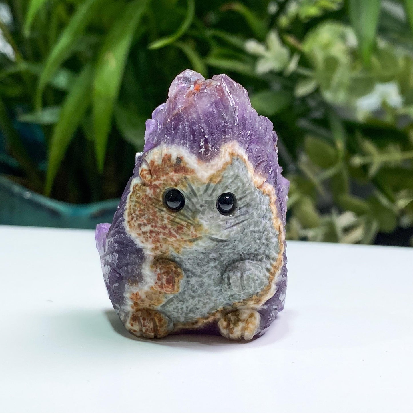 Raw Amethyst Hedgehog Carving, Amethyst Rabbit Statue, Hand Carved Crystal Animal Figurine, Druzy Quartz Pet, Unique Desk Decor Gift