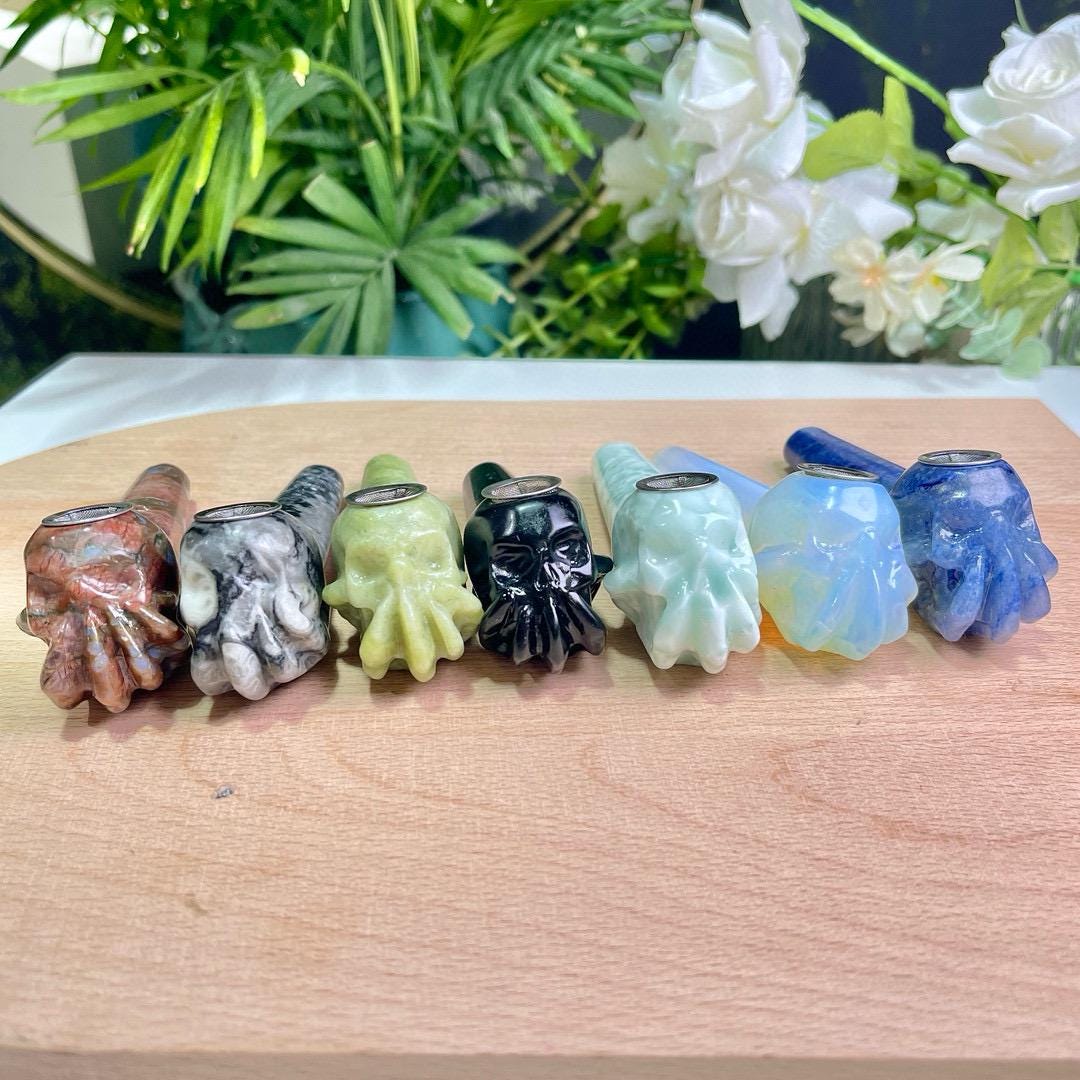 Natural Crystal Smoking Pipe, Hand Carved Skull Crystal Pipe, Stone Tobacco Pipe, Gothic Healing Decor, Unique Birthday Gift