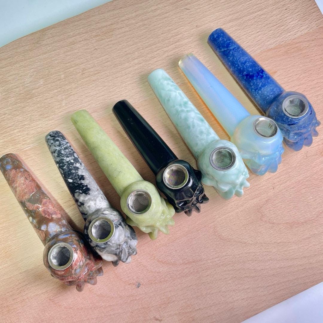 Natural Crystal Smoking Pipe, Hand Carved Skull Crystal Pipe, Stone Tobacco Pipe, Gothic Healing Decor, Unique Birthday Gift
