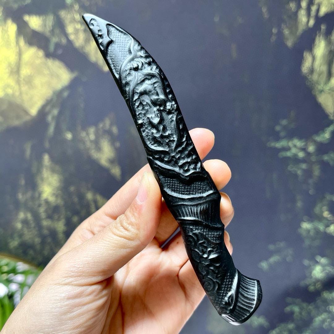 Natural Crystal Carved Knife, Obsidian Knife, Glaucophane Dagger, Crystal Gift For Man, High Quality Gemstone Birthday Gift, Home Decor