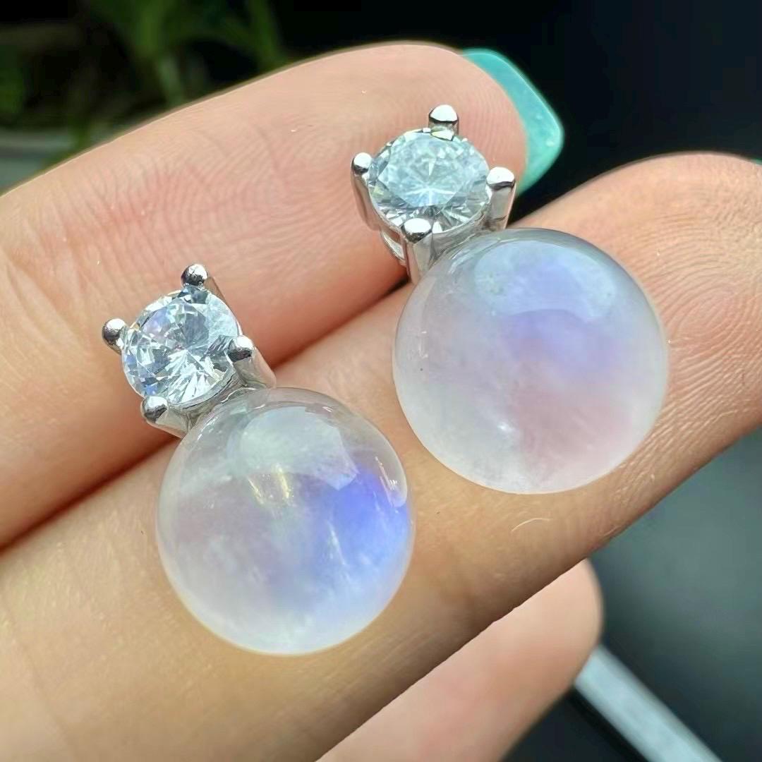Blue Flash Moonstone Bead Earring by S925 Sterling Silver, Handmade Jewelry Stud Earring, June Birthday Gift, Wedding Accessories
