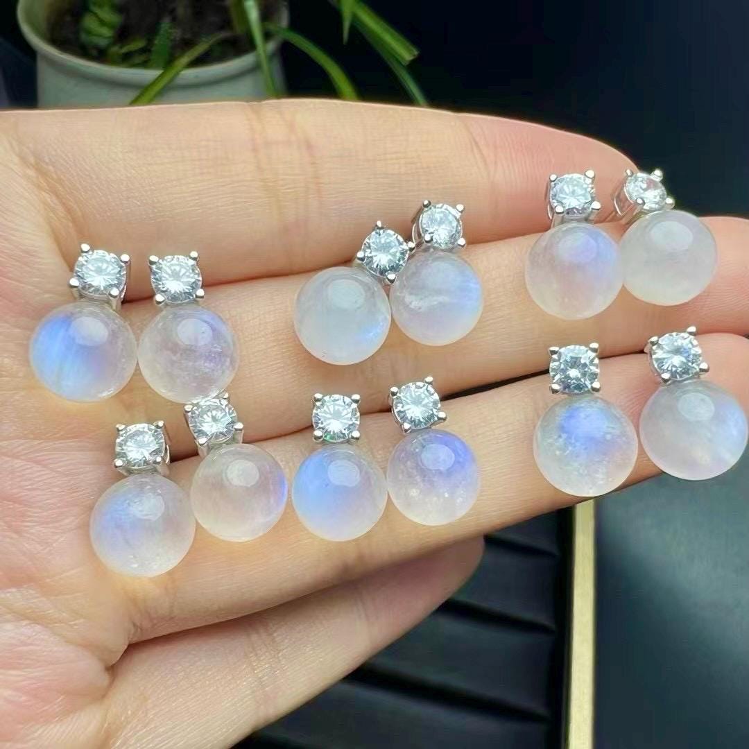 Blue Flash Moonstone Bead Earring by S925 Sterling Silver, Handmade Jewelry Stud Earring, June Birthday Gift, Wedding Accessories