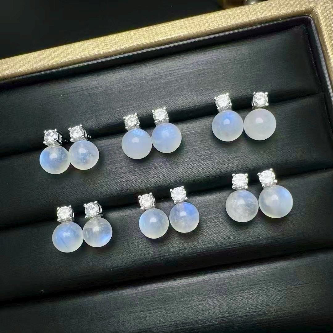 Blue Flash Moonstone Bead Earring by S925 Sterling Silver, Handmade Jewelry Stud Earring, June Birthday Gift, Wedding Accessories
