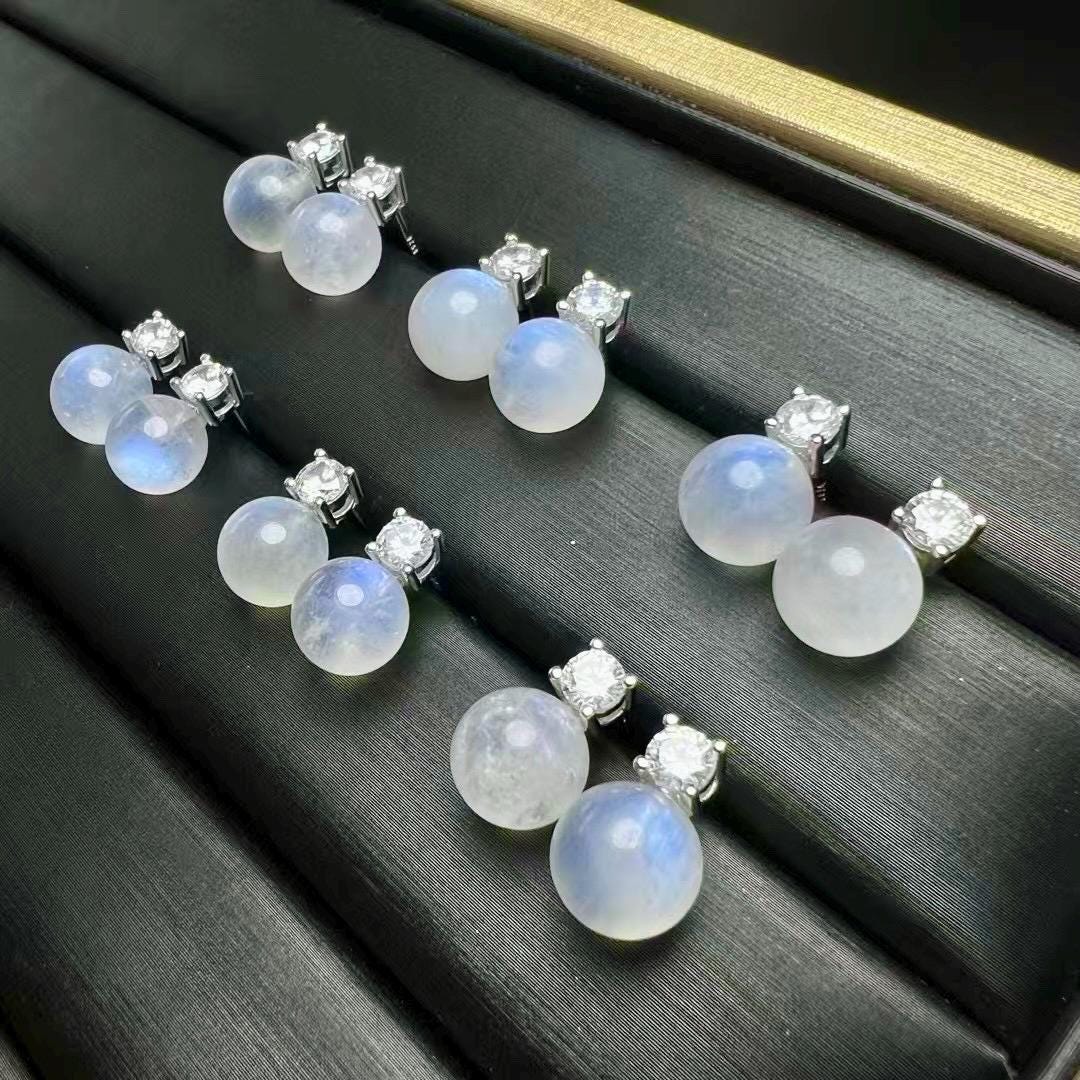Blue Flash Moonstone Bead Earring by S925 Sterling Silver, Handmade Jewelry Stud Earring, June Birthday Gift, Wedding Accessories