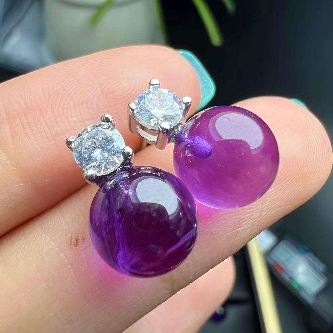 Natrual Amethyst Bead Earring by S925 Sterling Silver, Handmade Jewelry Stud Earring, June Birthday Gift, Wedding Accessories