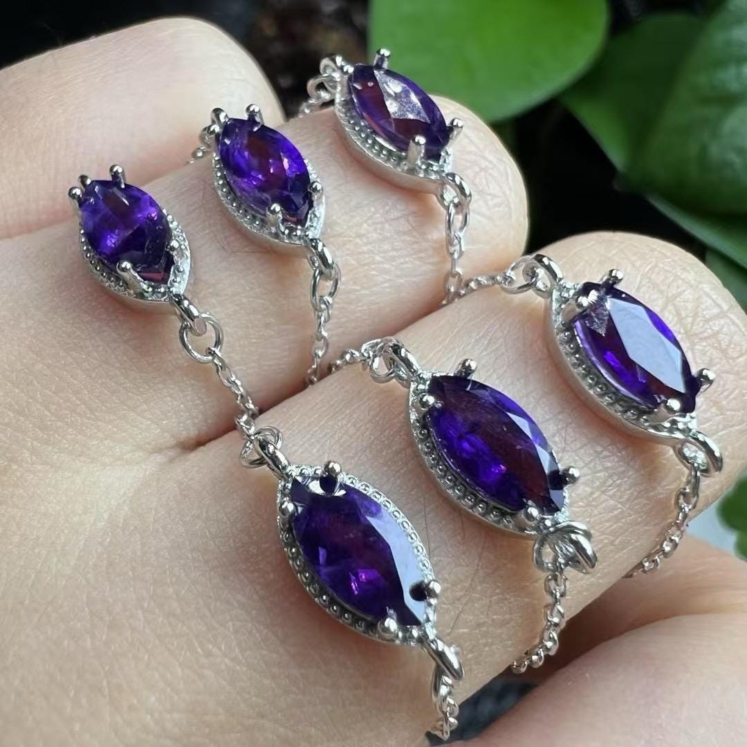 Natural Amethyst Faceted Fringe Ring, S925 Sterling Silver Embellished Elegant Dangling Jewelry, Birthday Gift, Wedding Accessories