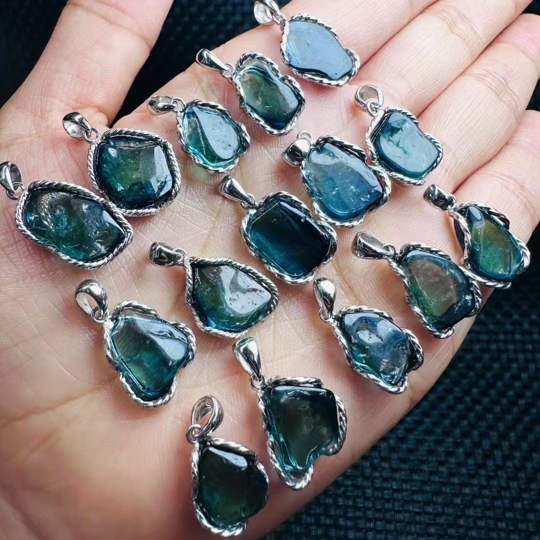 Natural Indicolite Tourmaline Pendant, Rare Blue Crystal Necklace 925 Sterling Silver, Raw Teal Gemstone Jewelry October Birthstone Gift