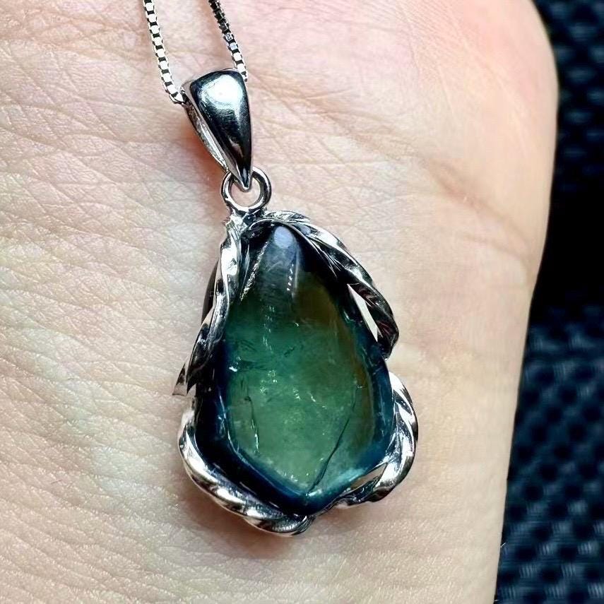 Natural Indicolite Tourmaline Pendant, Rare Blue Crystal Necklace 925 Sterling Silver, Raw Teal Gemstone Jewelry October Birthstone Gift