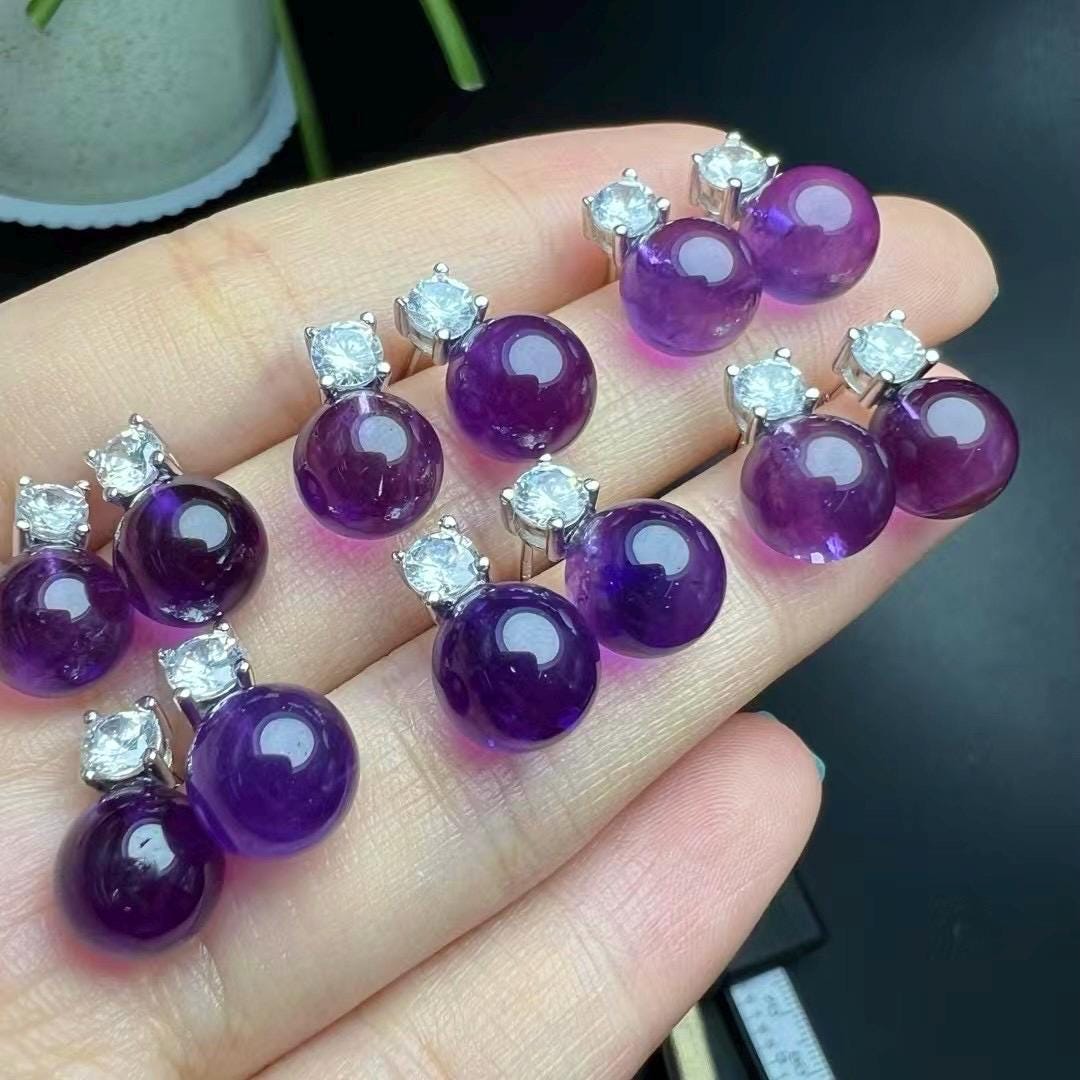 Natrual Amethyst Bead Earring by S925 Sterling Silver, Handmade Jewelry Stud Earring, June Birthday Gift, Wedding Accessories