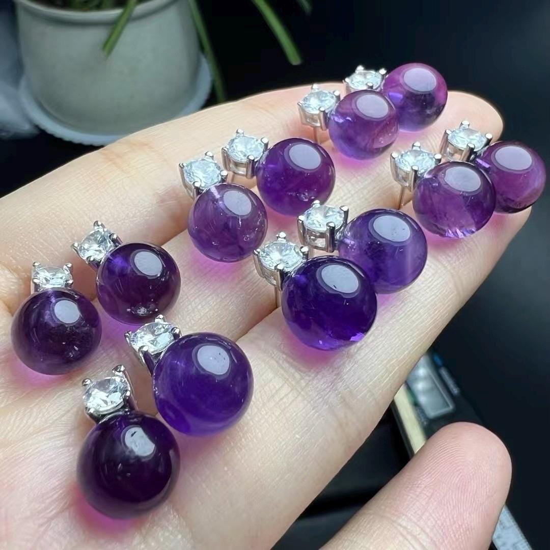 Natrual Amethyst Bead Earring by S925 Sterling Silver, Handmade Jewelry Stud Earring, June Birthday Gift, Wedding Accessories