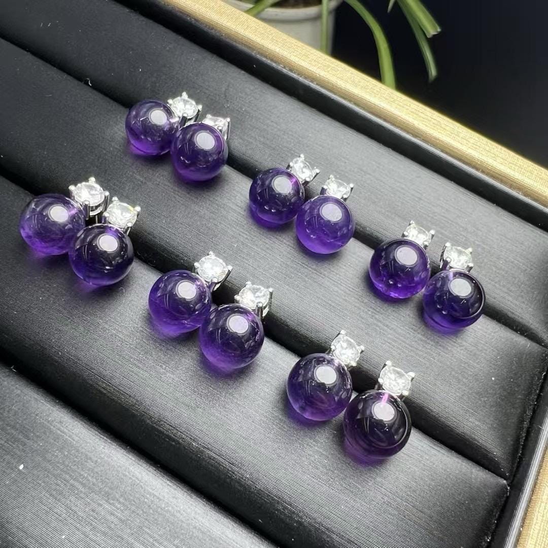 Natrual Amethyst Bead Earring by S925 Sterling Silver, Handmade Jewelry Stud Earring, June Birthday Gift, Wedding Accessories