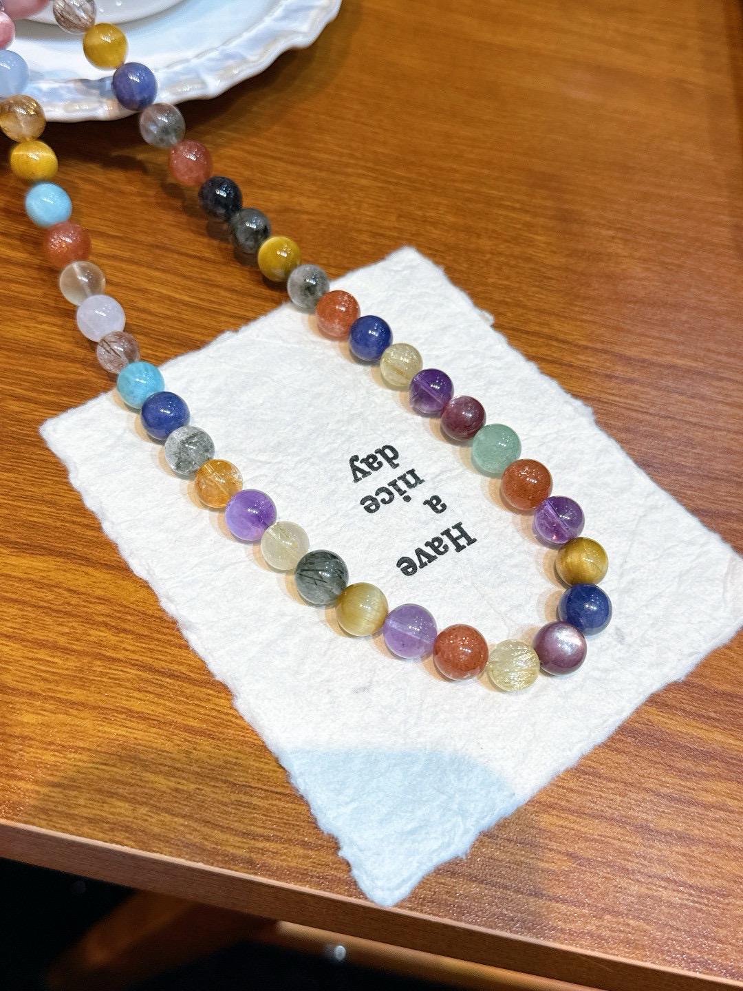 Multi-Gemstone Necklace with Tanzanite, Amethyst, Larimar, Rhodochrosite, Rutilated Quartz, and Lepidolite, Goldstone, Amethyst Gift
