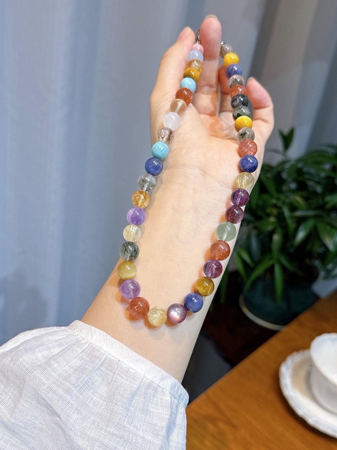 Multi-Gemstone Necklace with Tanzanite, Amethyst, Larimar, Rhodochrosite, Rutilated Quartz, and Lepidolite, Goldstone, Amethyst Gift