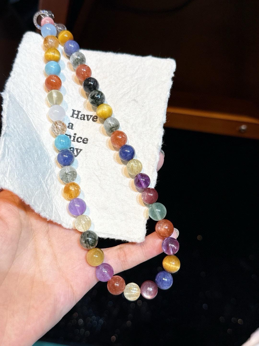 Multi-Gemstone Necklace with Tanzanite, Amethyst, Larimar, Rhodochrosite, Rutilated Quartz, and Lepidolite, Goldstone, Amethyst Gift