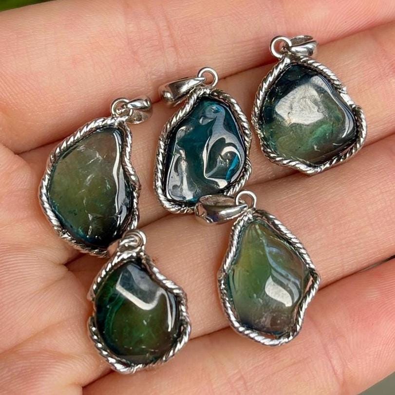 Natural Blue and Green Tourmaline Pendant, S925 Sterling Silver Gemstone Pendant Gift, Crystal Necklace, Handmade Jewelry for Birthday Gift
