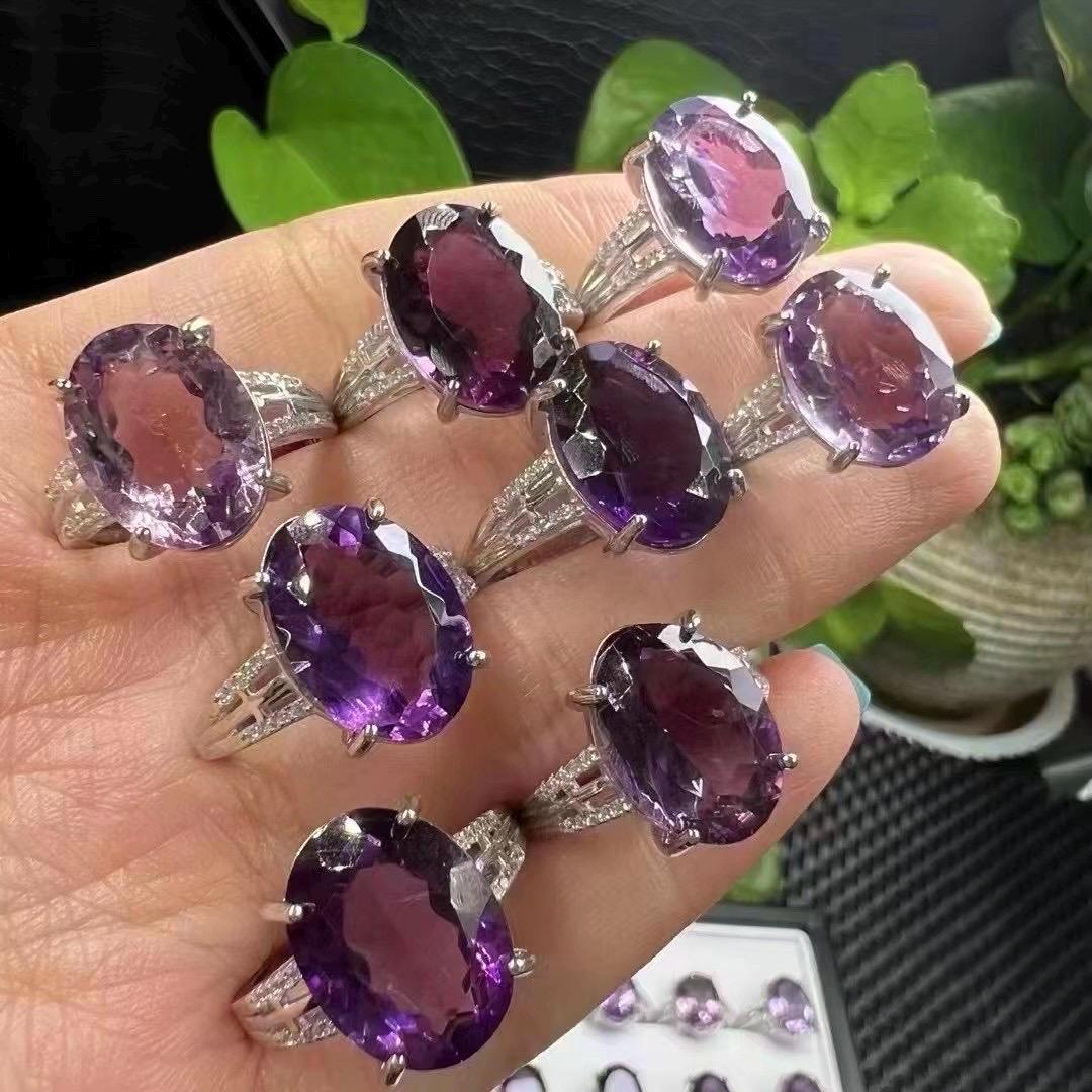 Natural Large Faceted Amethyst Ring, S925 Sterling Silver Statement Ring, Healing Crystal Jewelry, Gift for Women, Dainty Everyday Ring