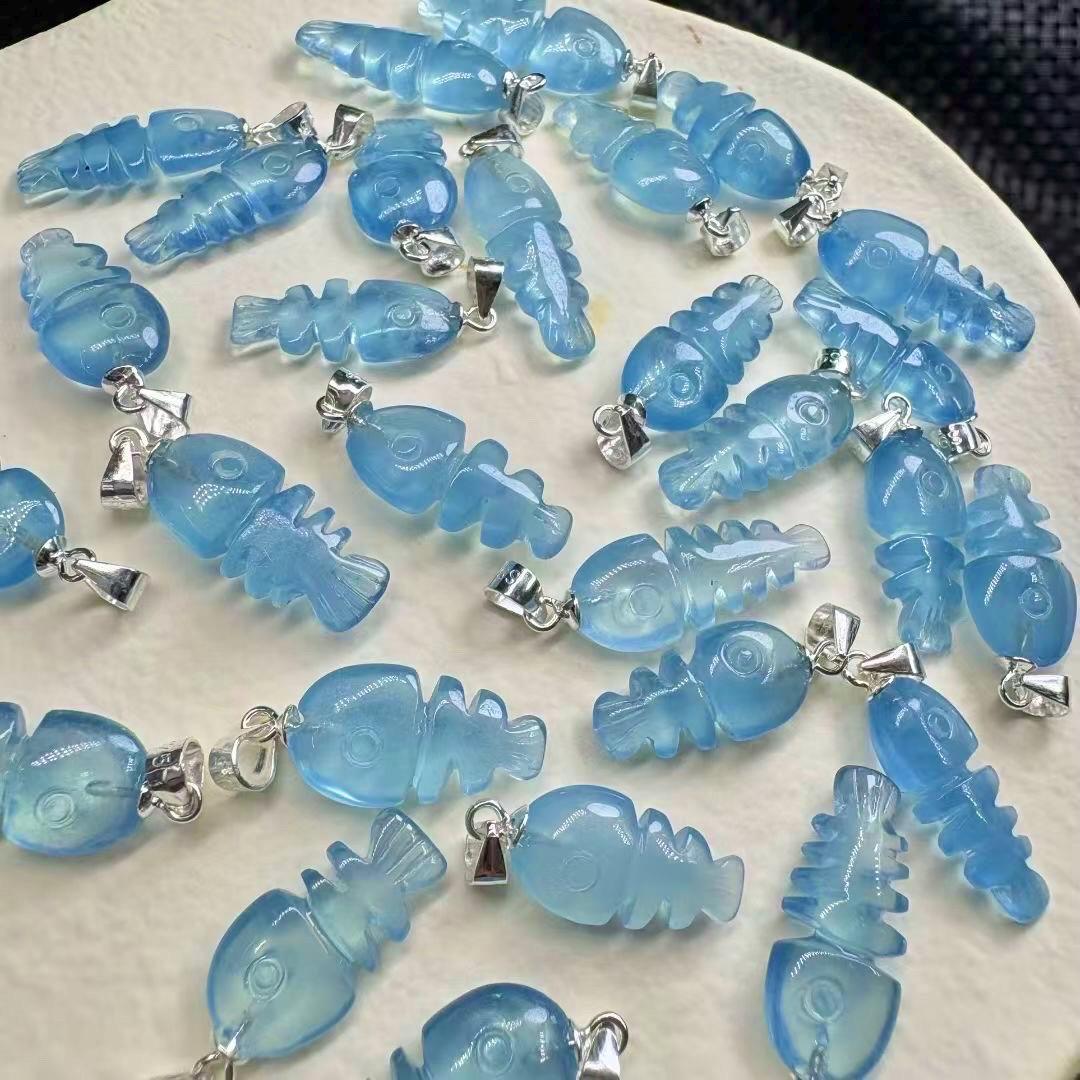 Aquamarine Fishbone Pendant Necklace, Sterling Silver Healing Crystal