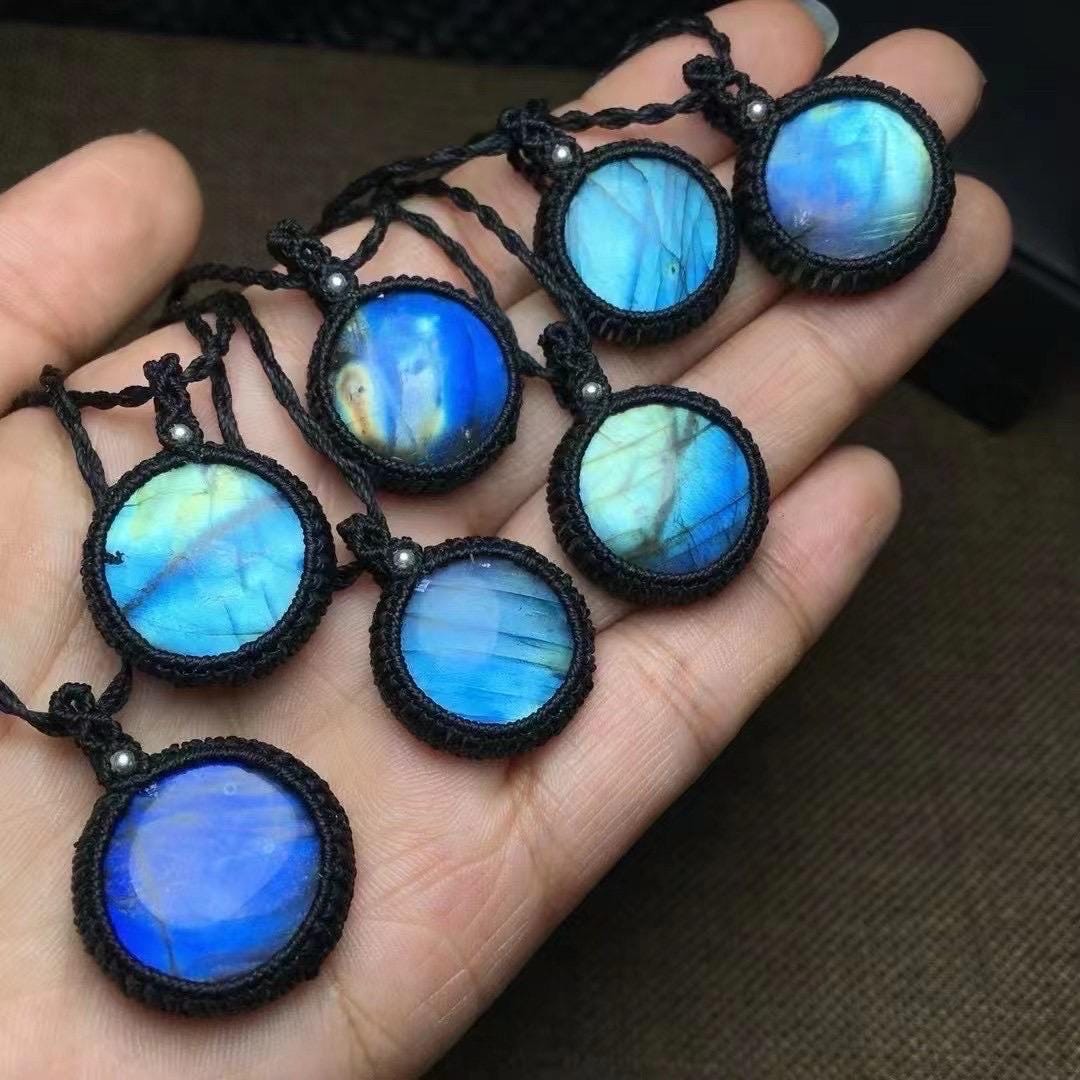 1 Pcs Natural Rainbow Labradorite Round Pendant, Hand Tied Waxed Cord Choker, Boho Gemstone Jewelry, Gift for Her, Adjustable Necklace