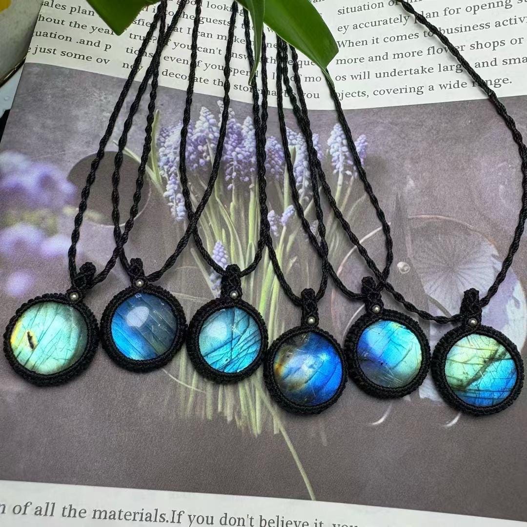 1 Pcs Natural Rainbow Labradorite Round Pendant, Hand Tied Waxed Cord Choker, Boho Gemstone Jewelry, Gift for Her, Adjustable Necklace
