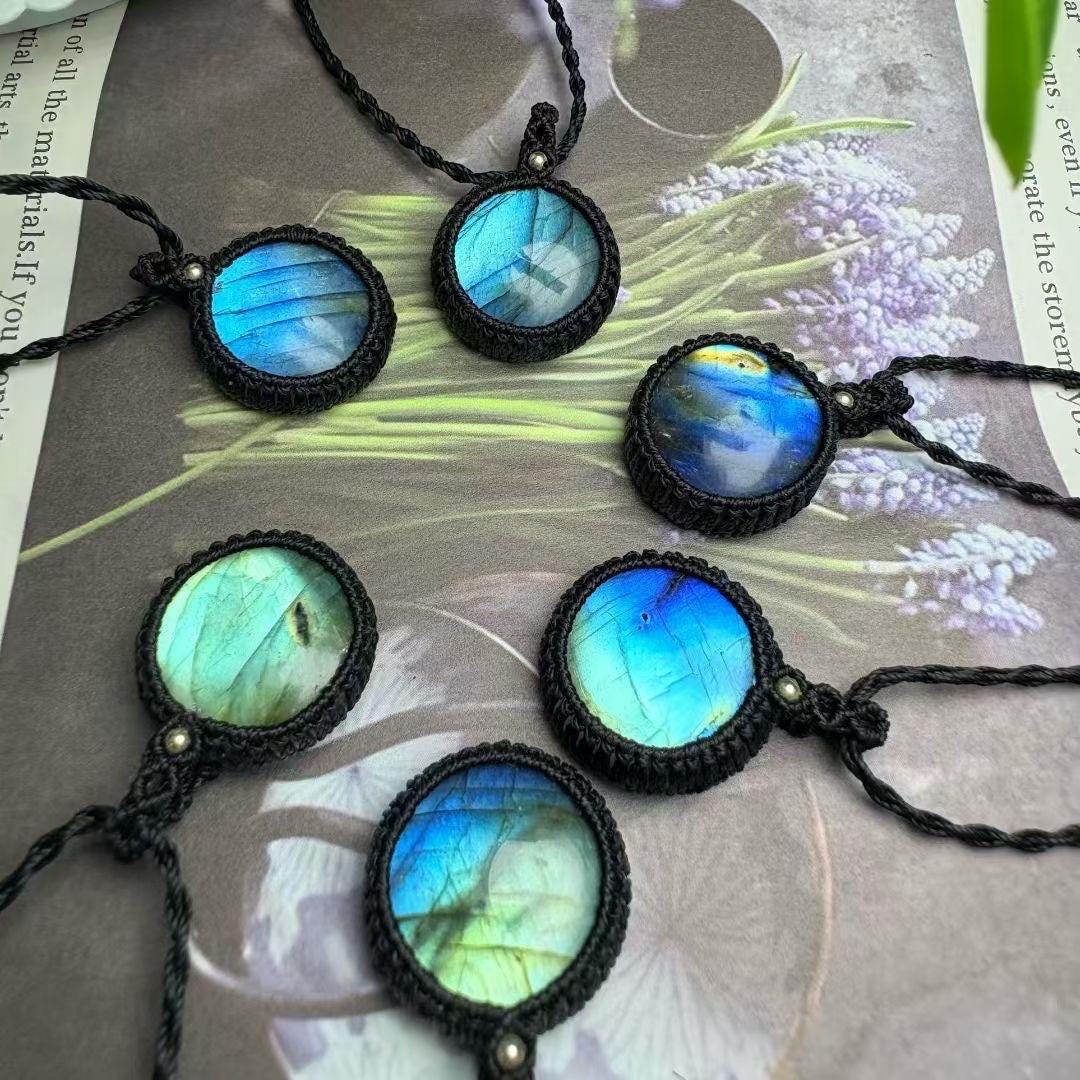 1 Pcs Natural Rainbow Labradorite Round Pendant, Hand Tied Waxed Cord Choker, Boho Gemstone Jewelry, Gift for Her, Adjustable Necklace