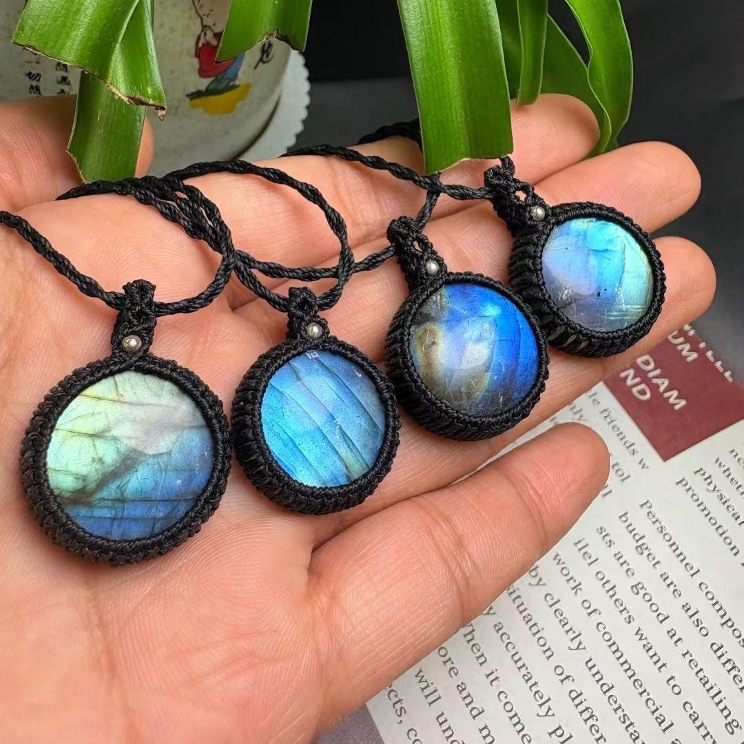 1 Pcs Natural Rainbow Labradorite Round Pendant, Hand Tied Waxed Cord Choker, Boho Gemstone Jewelry, Gift for Her, Adjustable Necklace