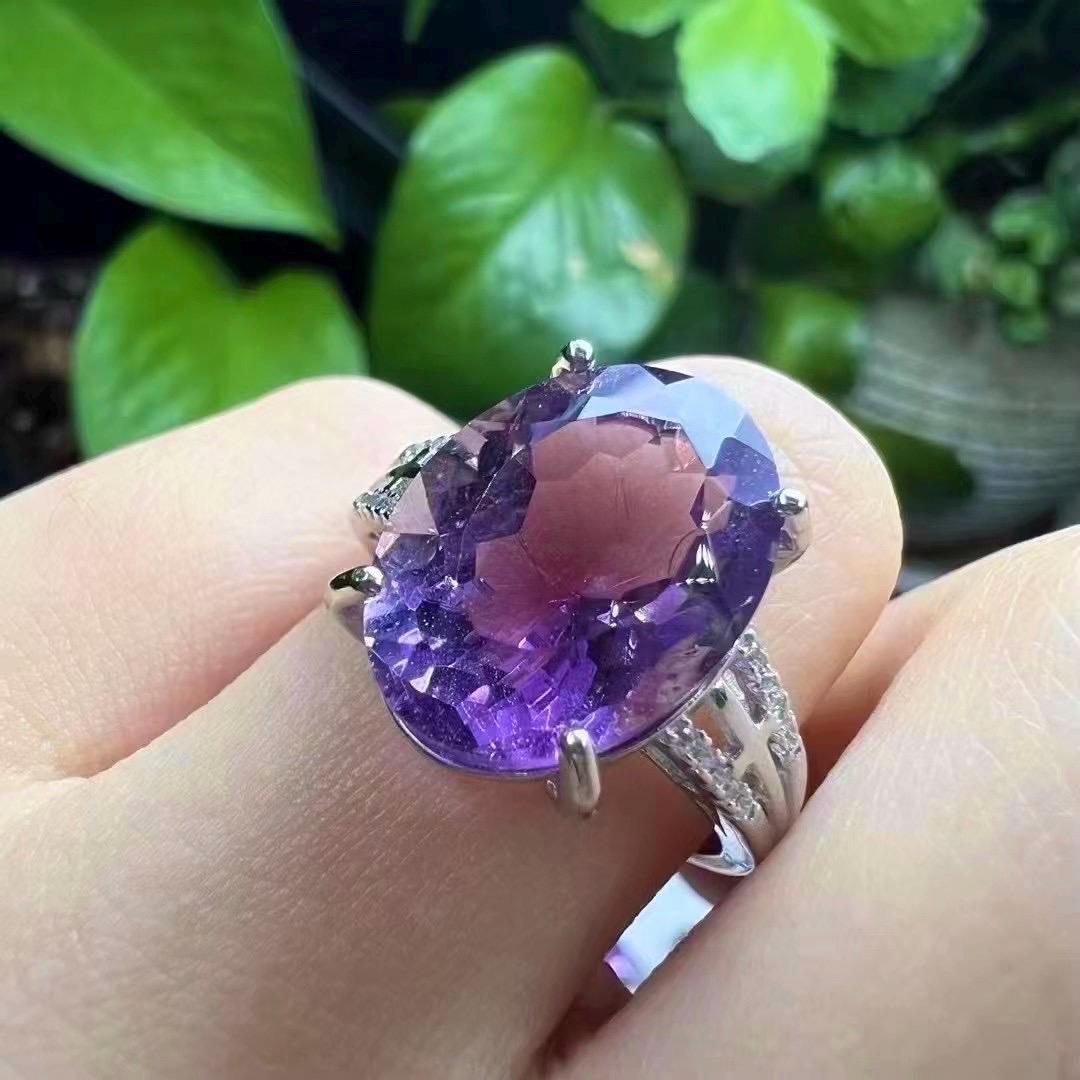 Natural Large Faceted Amethyst Ring, S925 Sterling Silver Statement Ring, Healing Crystal Jewelry, Gift for Women, Dainty Everyday Ring