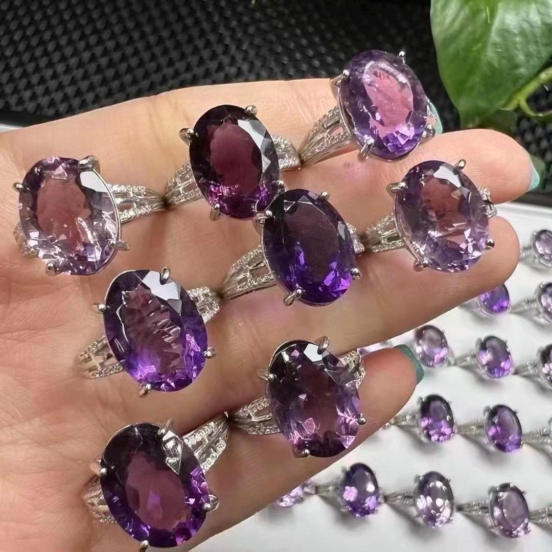 Natural Large Faceted Amethyst Ring, S925 Sterling Silver Statement Ring, Healing Crystal Jewelry, Gift for Women, Dainty Everyday Ring