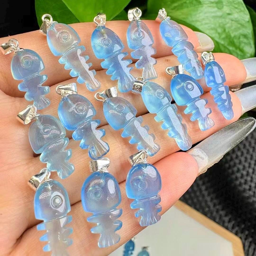 Aquamarine Fishbone Pendant Necklace, Sterling Silver Healing Crystal