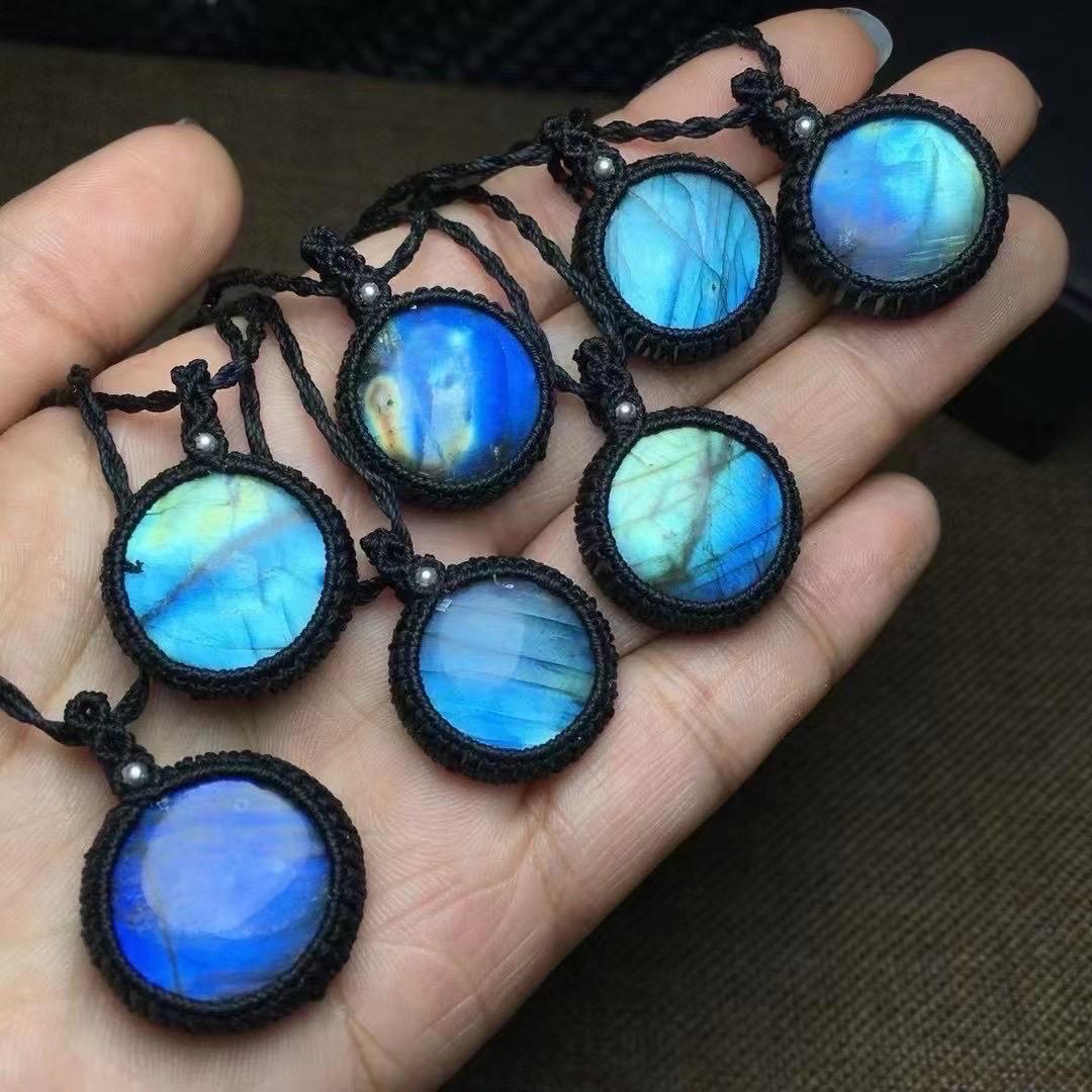 1 Pcs Natural Rainbow Labradorite Round Pendant, Hand Tied Waxed Cord Choker, Boho Gemstone Jewelry, Gift for Her, Adjustable Necklace