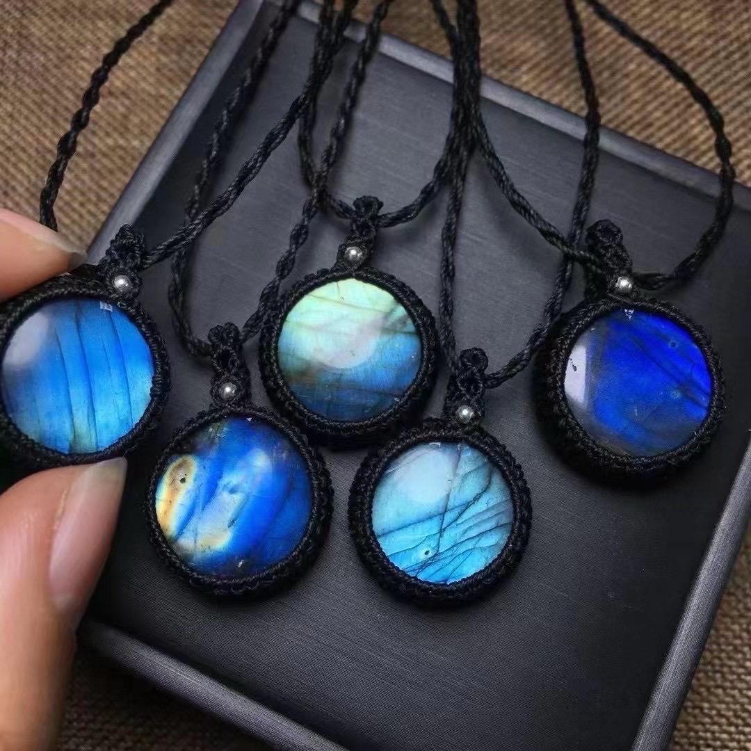 1 Pcs Natural Rainbow Labradorite Round Pendant, Hand Tied Waxed Cord Choker, Boho Gemstone Jewelry, Gift for Her, Adjustable Necklace