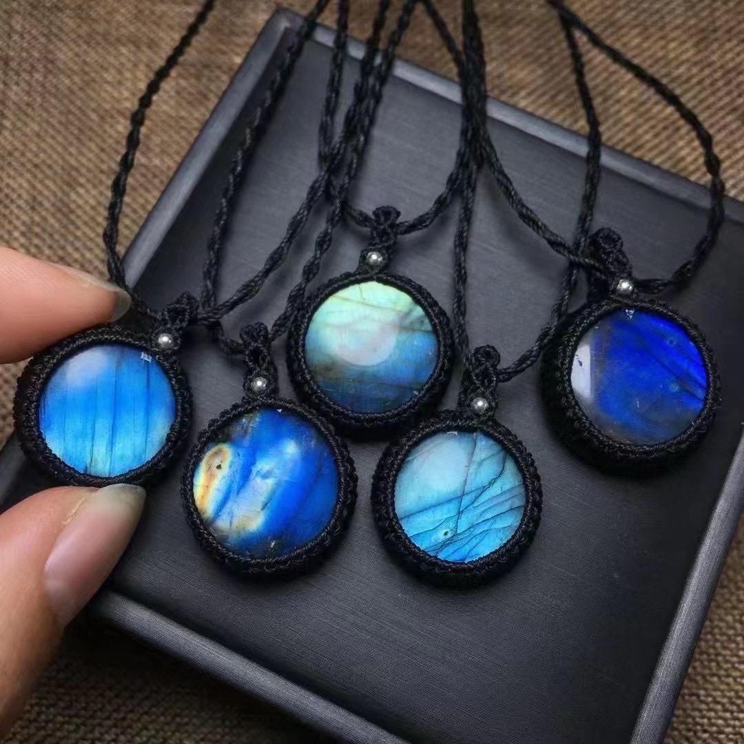 1 Pcs Natural Rainbow Labradorite Round Pendant, Hand Tied Waxed Cord Choker, Boho Gemstone Jewelry, Gift for Her, Adjustable Necklace