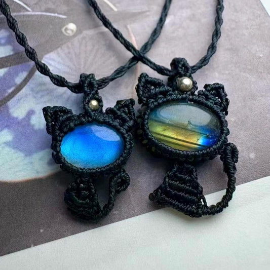1 Pcs Natural Labradorite Cat Pendant Necklace, Handmade Macrame Waxed Cord, Boho Stone Jewelry, Gift for Cat Lovers, Adjustable Fiber Cord