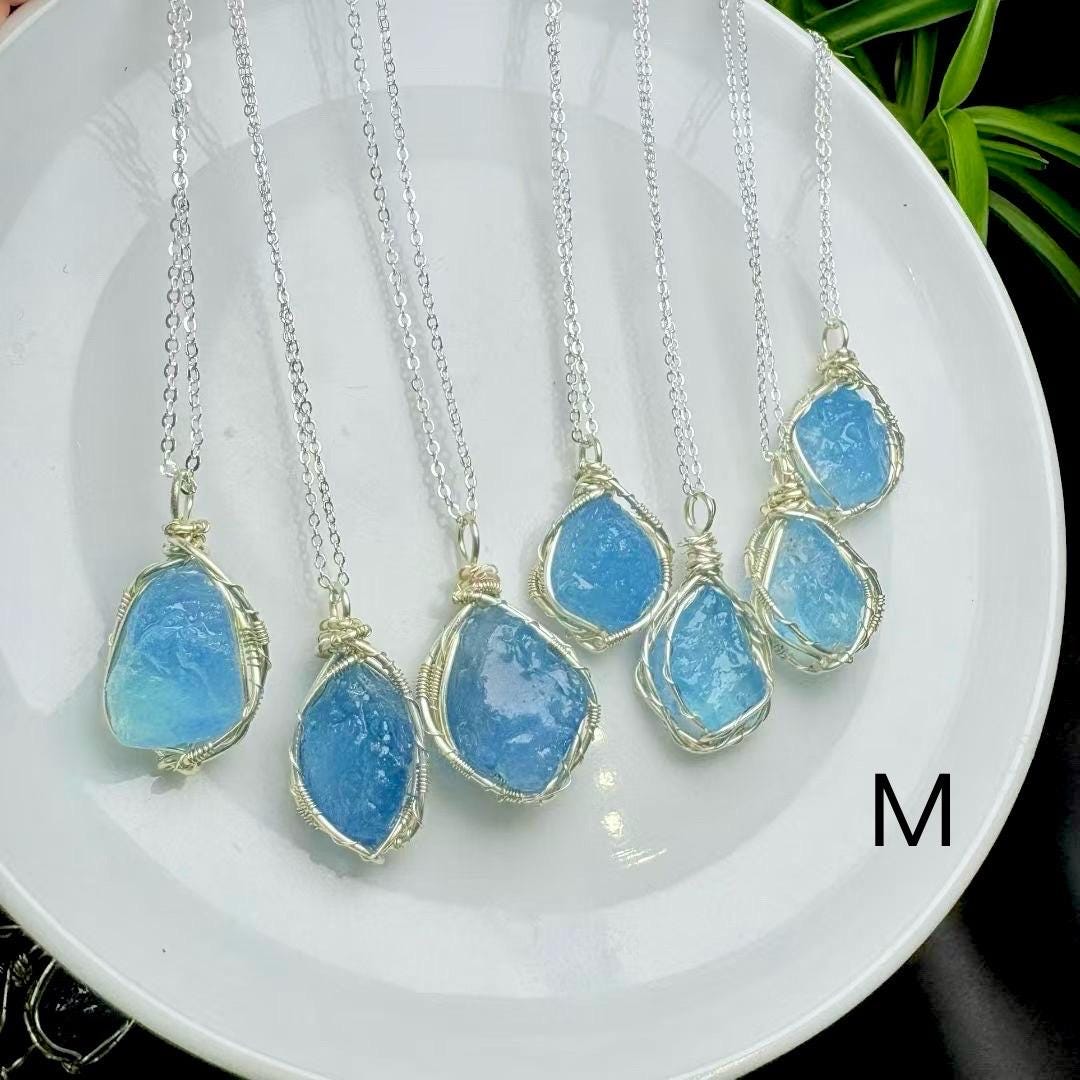 Raw Aquamarine Pendant & Earrings，Handmade Copper Wire Wrapped Blue Stone Jewelry，Unique March Birthstone Gift for Her