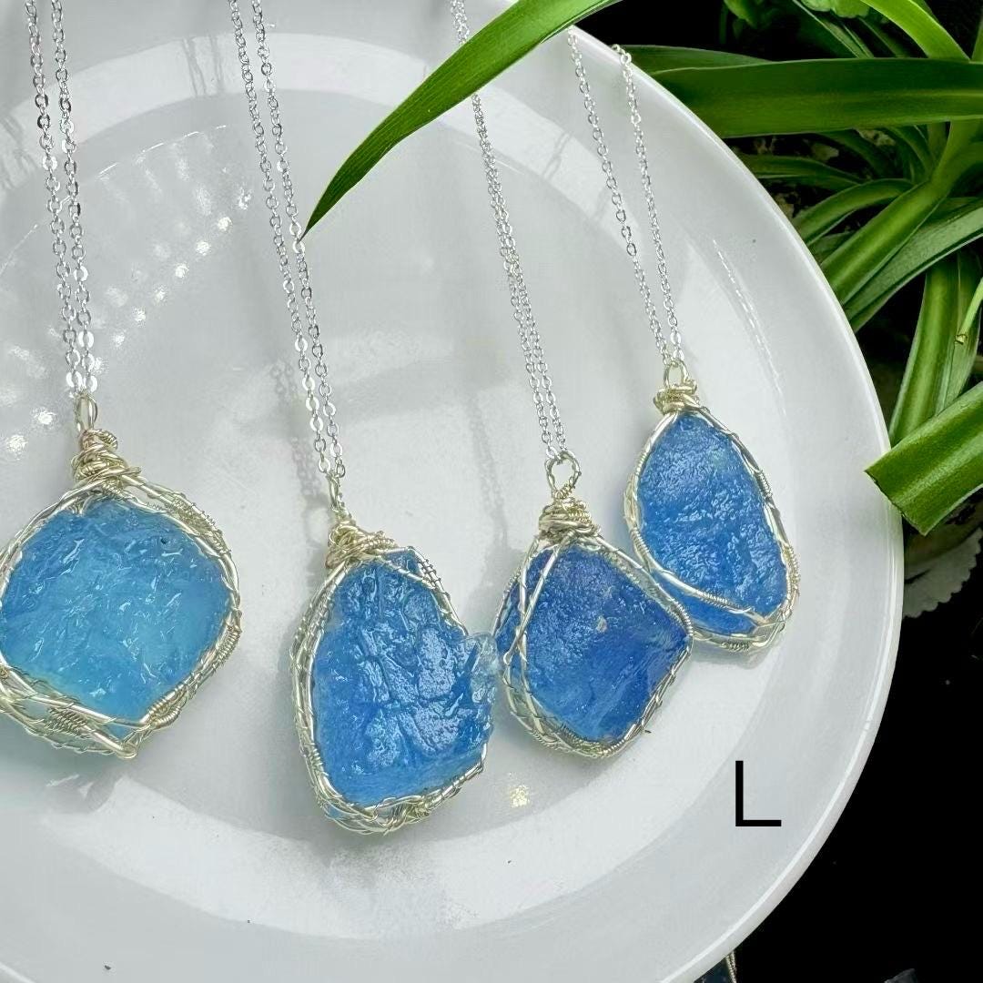 Raw Aquamarine Pendant & Earrings，Handmade Copper Wire Wrapped Blue Stone Jewelry，Unique March Birthstone Gift for Her