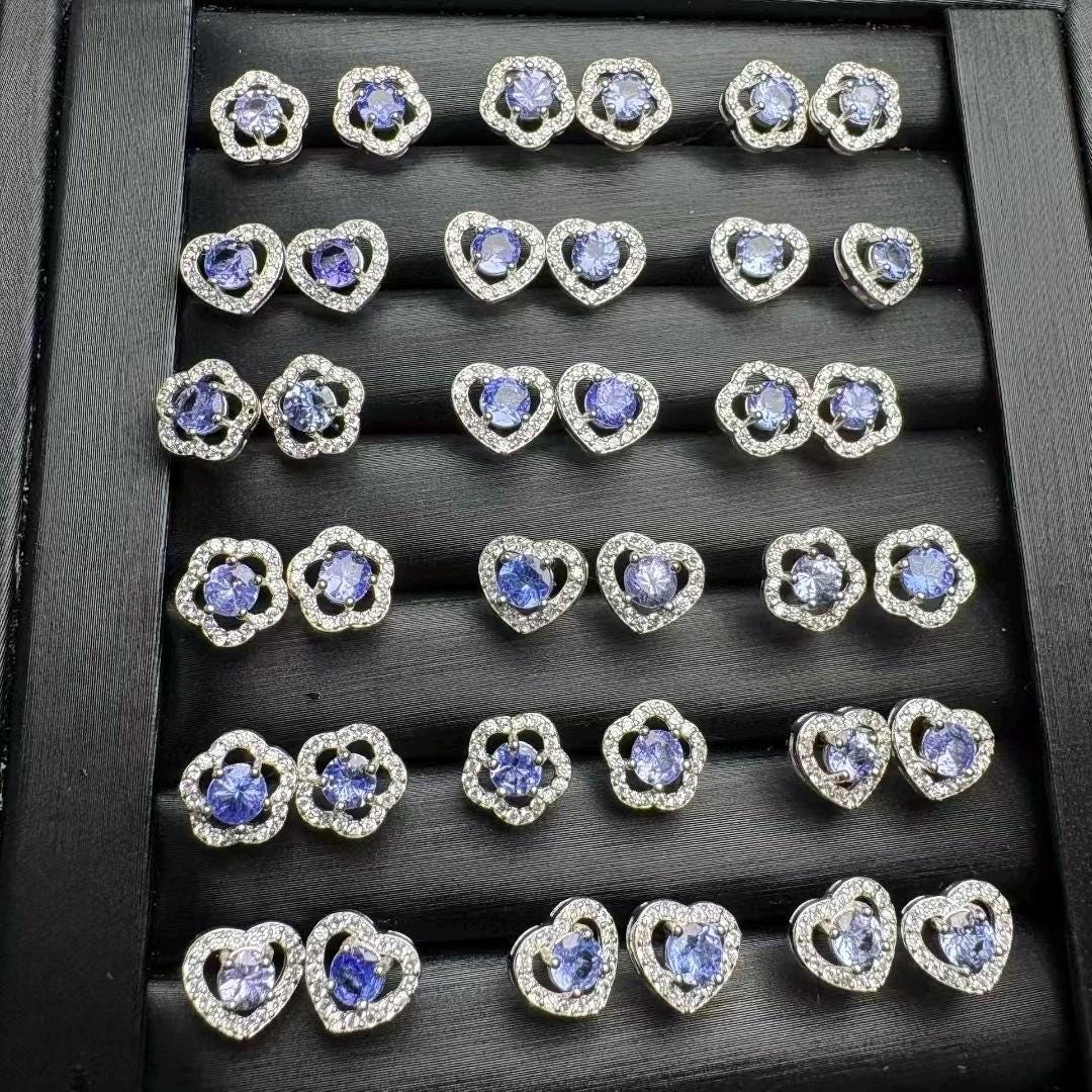 Handmade Tanzanite Stud Earrings, Sterling Silver Flower Design