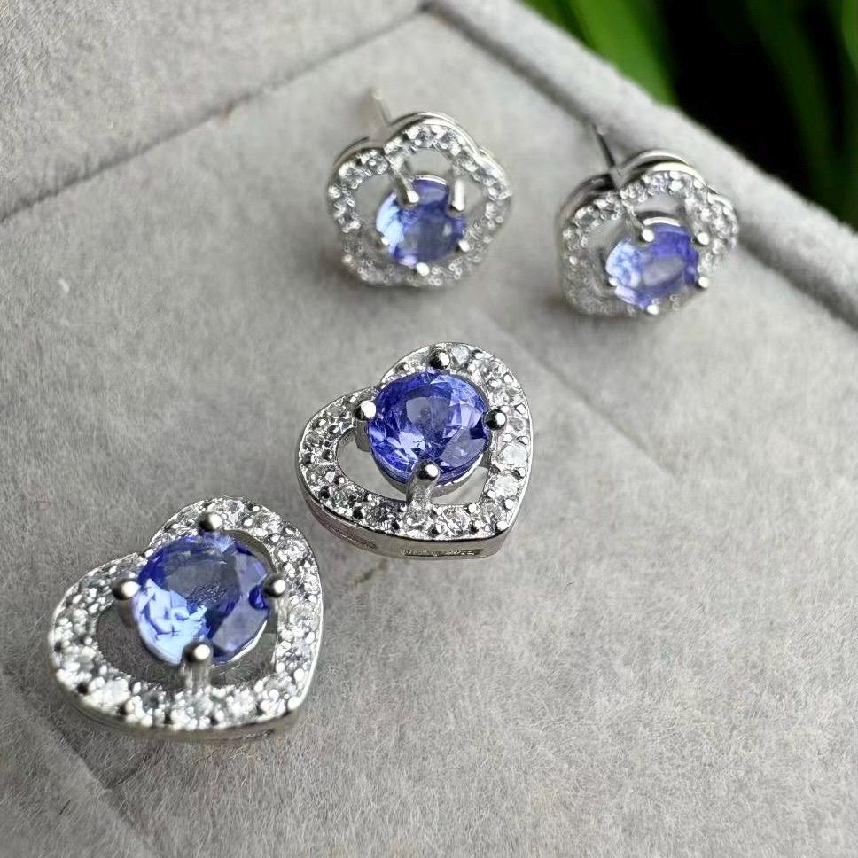 Handmade Tanzanite Stud Earrings, Sterling Silver Flower Design