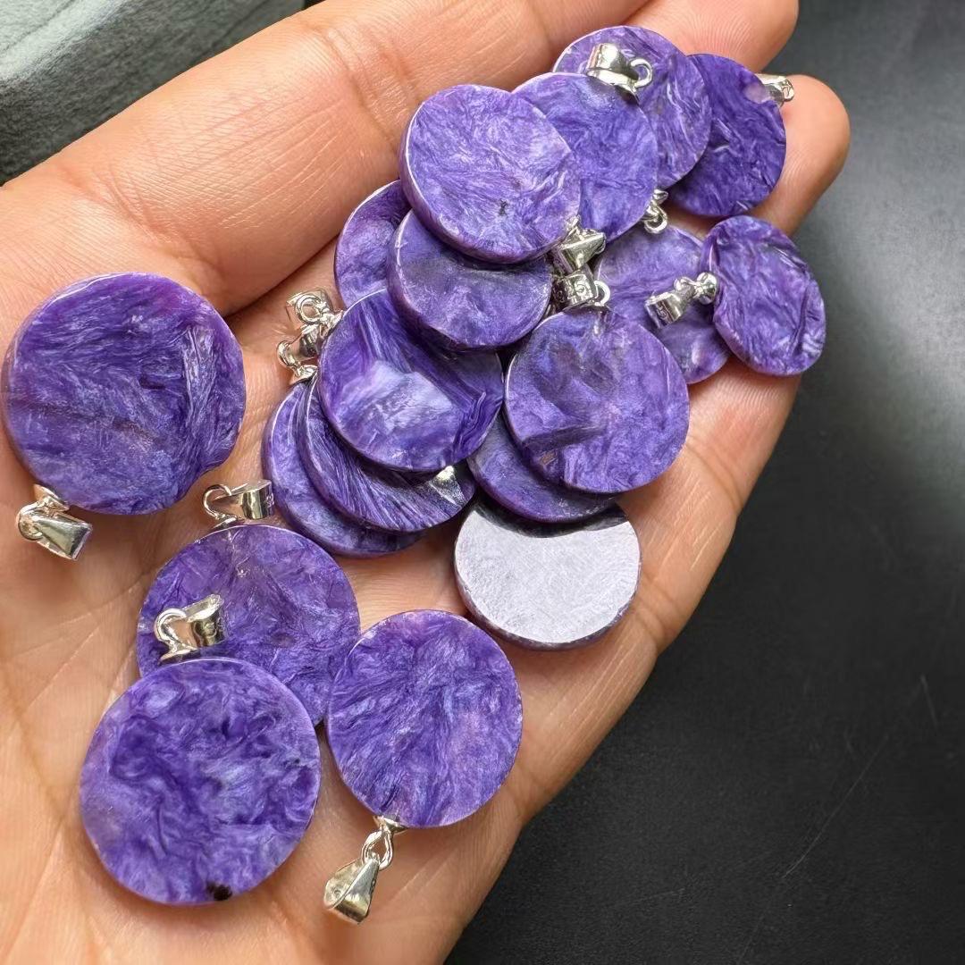 Natural Royal Charoite Coin Pendant, Mysterious Purple Crystal Jewelry, Sterling Silver Bail, Elegant Heirloom Necklace, Gift for Her