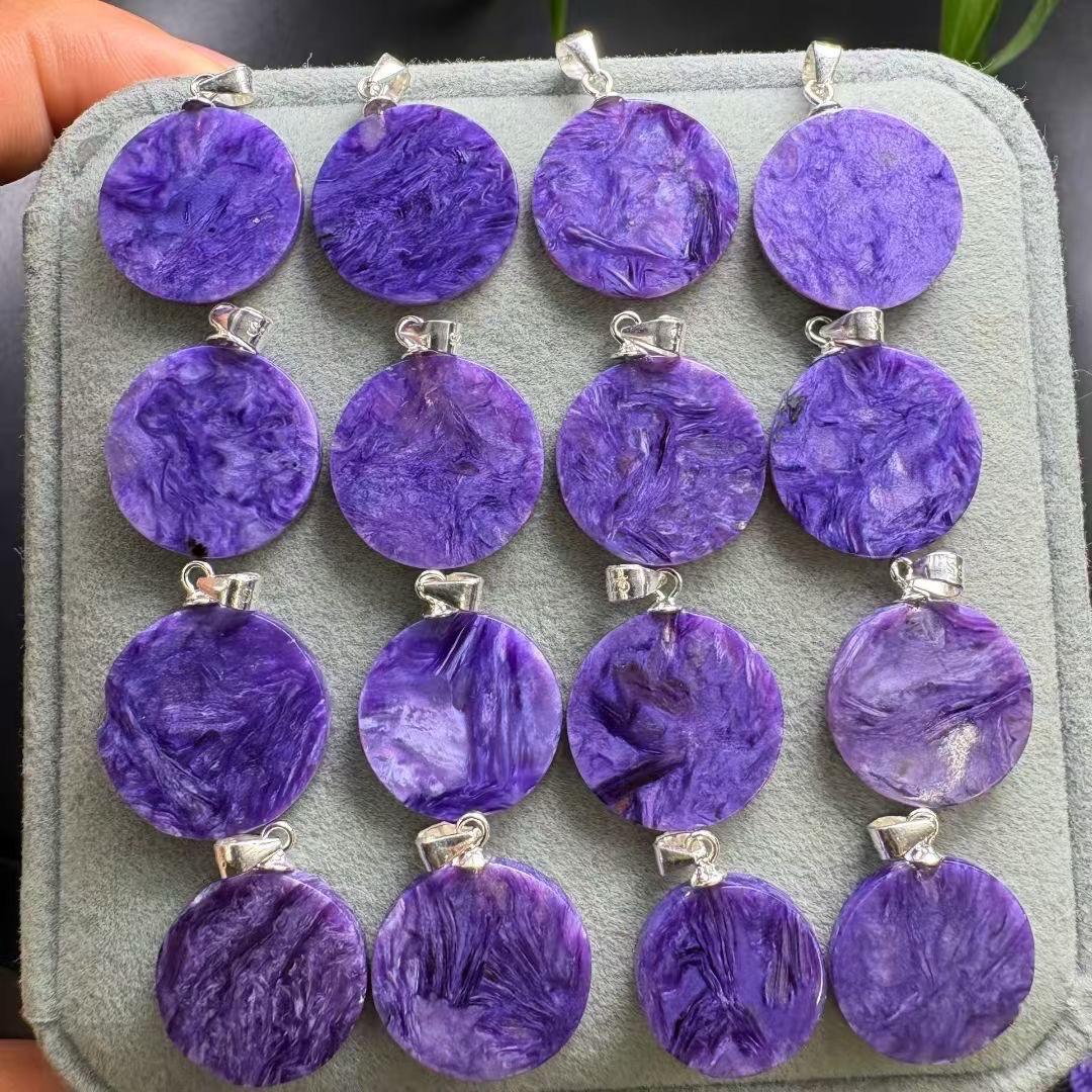 Natural Royal Charoite Coin Pendant, Mysterious Purple Crystal Jewelry, Sterling Silver Bail, Elegant Heirloom Necklace, Gift for Her
